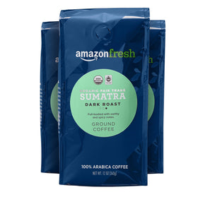 Amazon Fresh Sumatra coffee pack front shows triple-pack for convenient daily brewing.