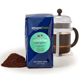 Amazon Fresh Sumatra coffee pack label highlights organic and fair trade origins.