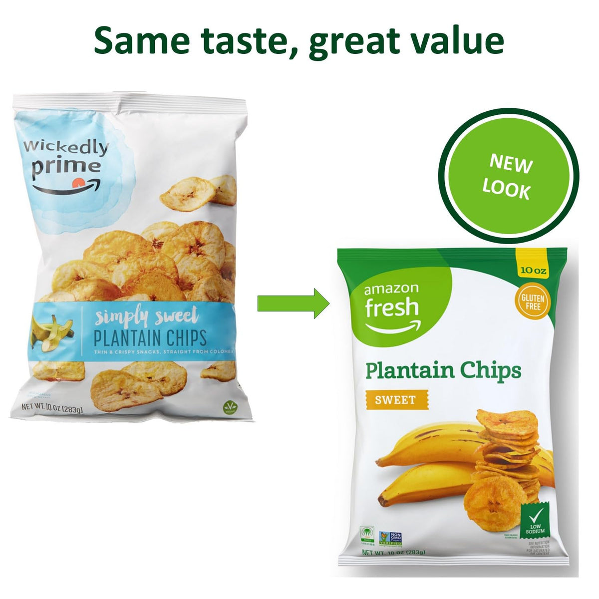Close-up of a 10 oz Amazon Fresh Sweet Plantain Chips bag, crispy texture.