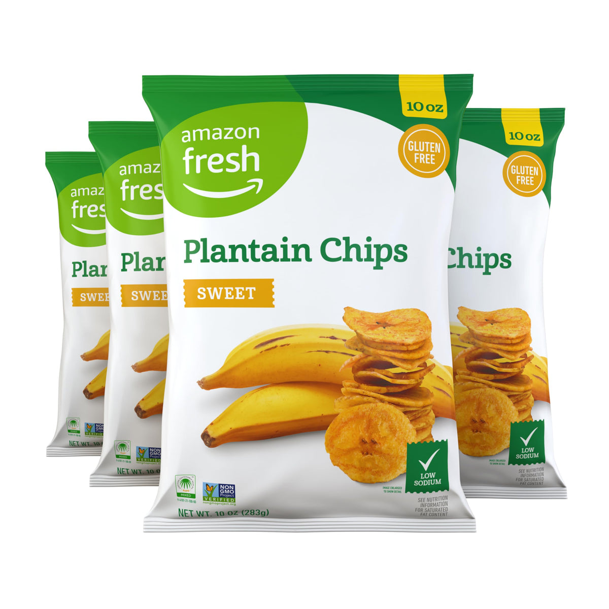 Amazon Fresh Sweet Plantain Chips four-pack on shelf, convenient snack option.