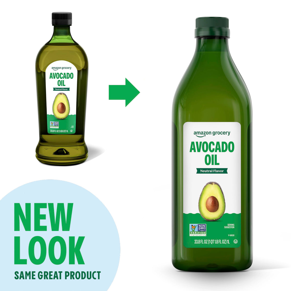 Amazon Grocery Avocado Oil label closeup highlighting non-GMO verification.