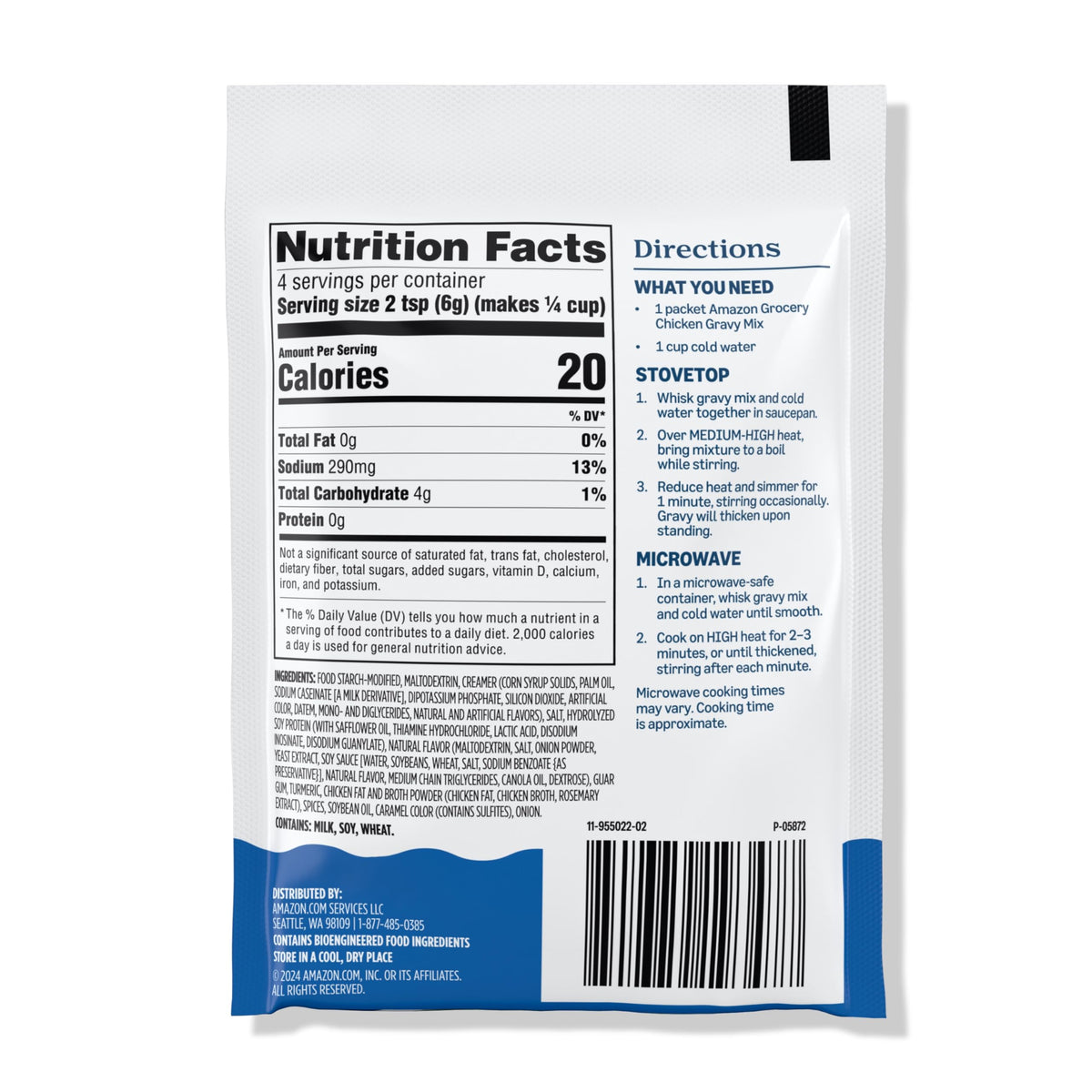 Amazon Grocery chicken gravy allergens label shows milk, soy, wheat, aiding safe meal planning.