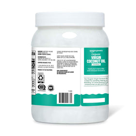 Amazon Grocery coconut oil pour and bowl setup illustrating non-GMO and rich coconut flavor.