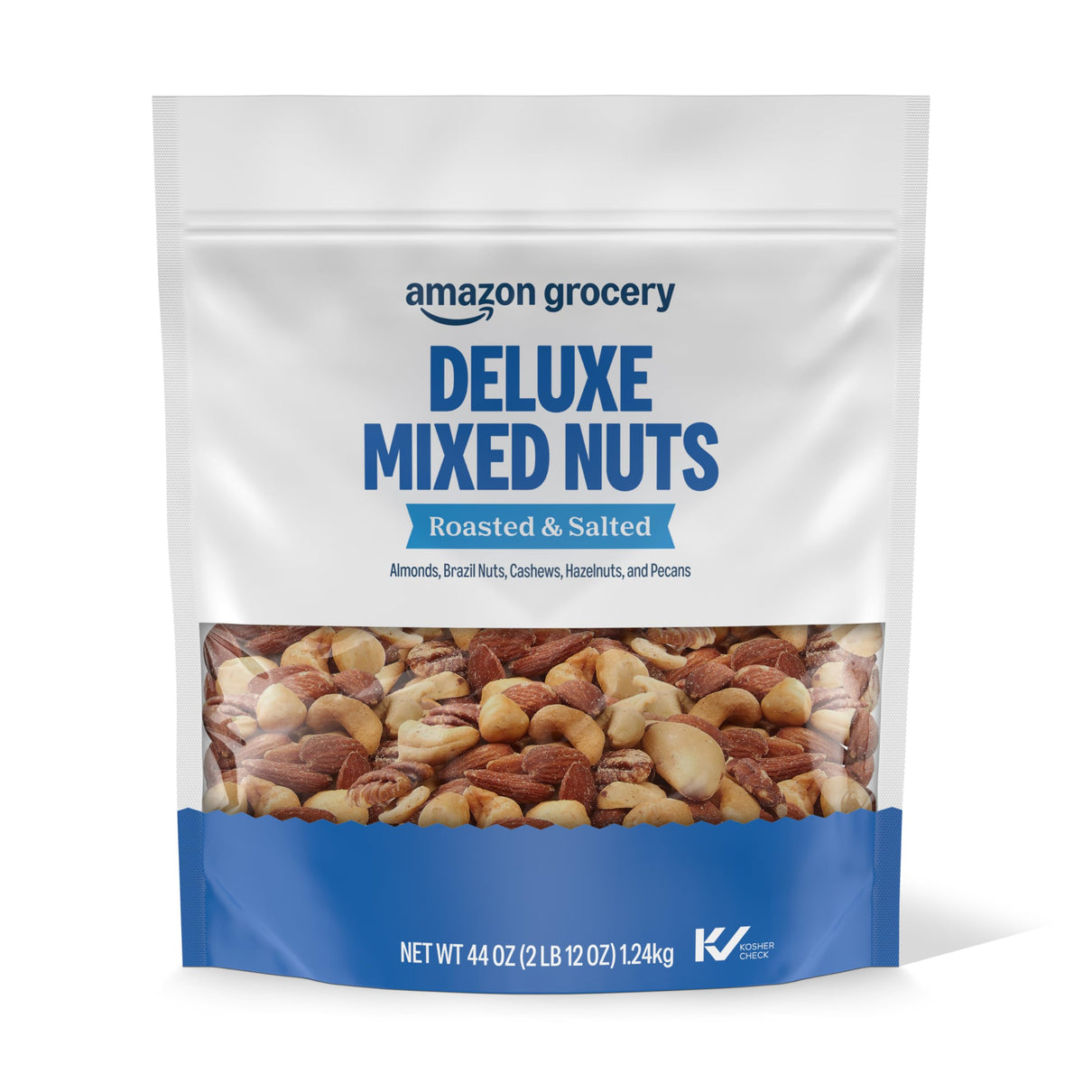 Amazon Grocery Deluxe Mixed Nuts in a roasted and salted bag for on-the-go snacking