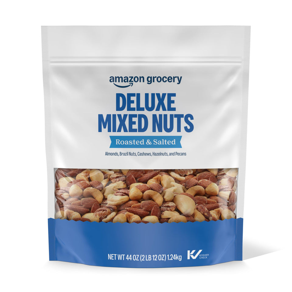 Amazon Grocery Deluxe Mixed Nuts in a roasted and salted bag for on-the-go snacking