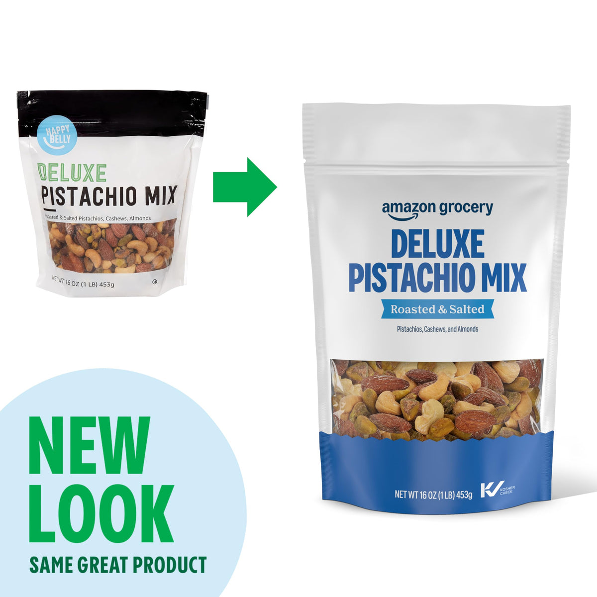 Amazon Grocery Deluxe Pistachio Mix closeup nuts highlights roasted, salted flavor and mix versatility.