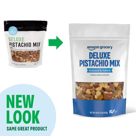 Amazon Grocery Deluxe Pistachio Mix closeup nuts highlights roasted, salted flavor and mix versatility.