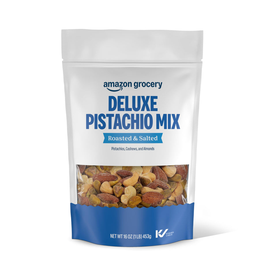 Amazon Grocery Deluxe Pistachio Mix roasted bag showing savory crunch for on-the-go snacking.