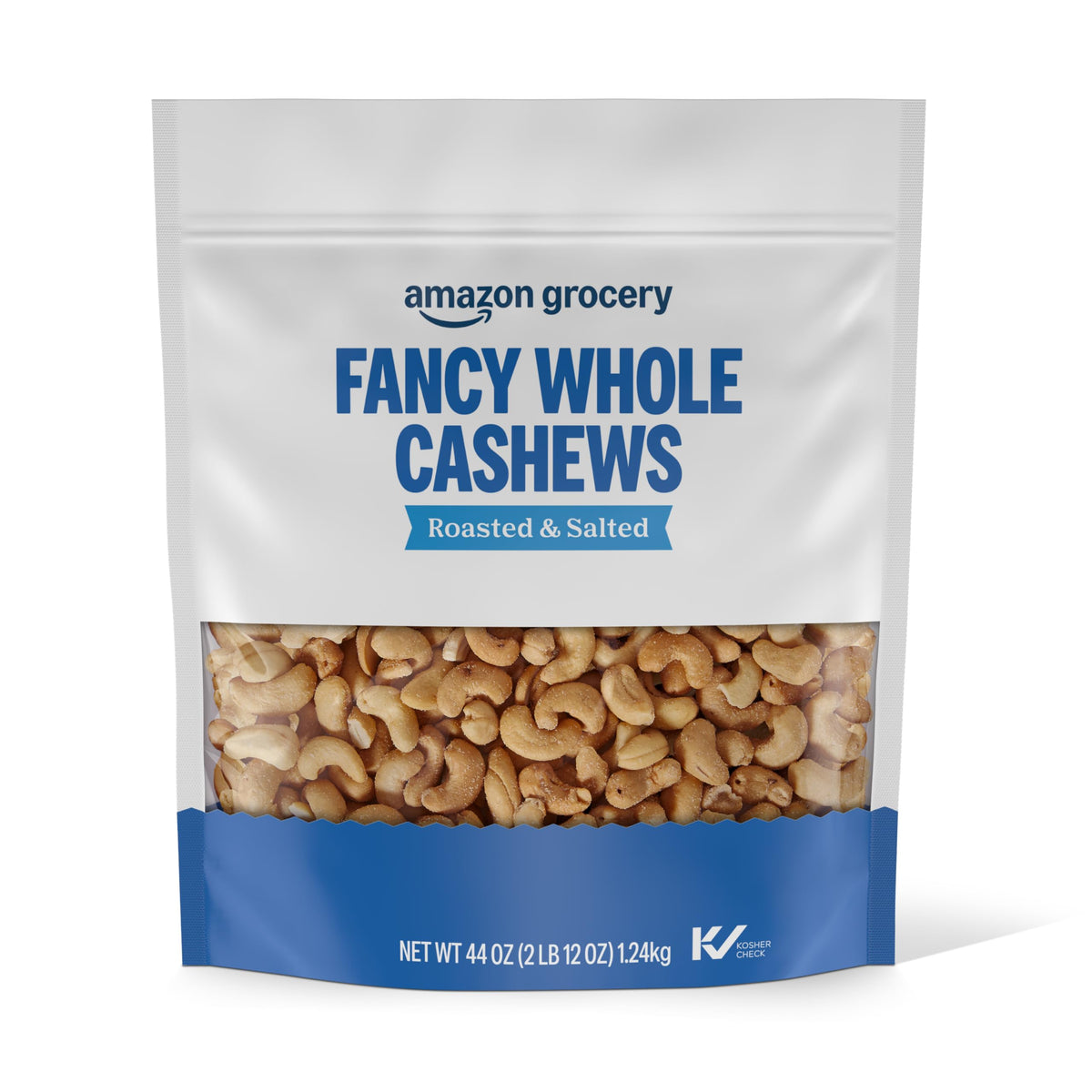 Amazon Grocery Fancy Whole Cashews front view bag, roasted and salted for snacking.