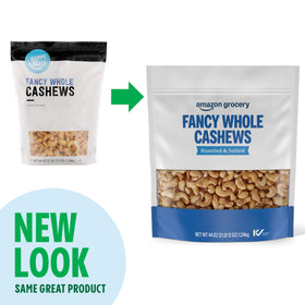 Amazon Grocery Fancy Whole Cashews packaging closeup highlights roasted flavor and sea salt.