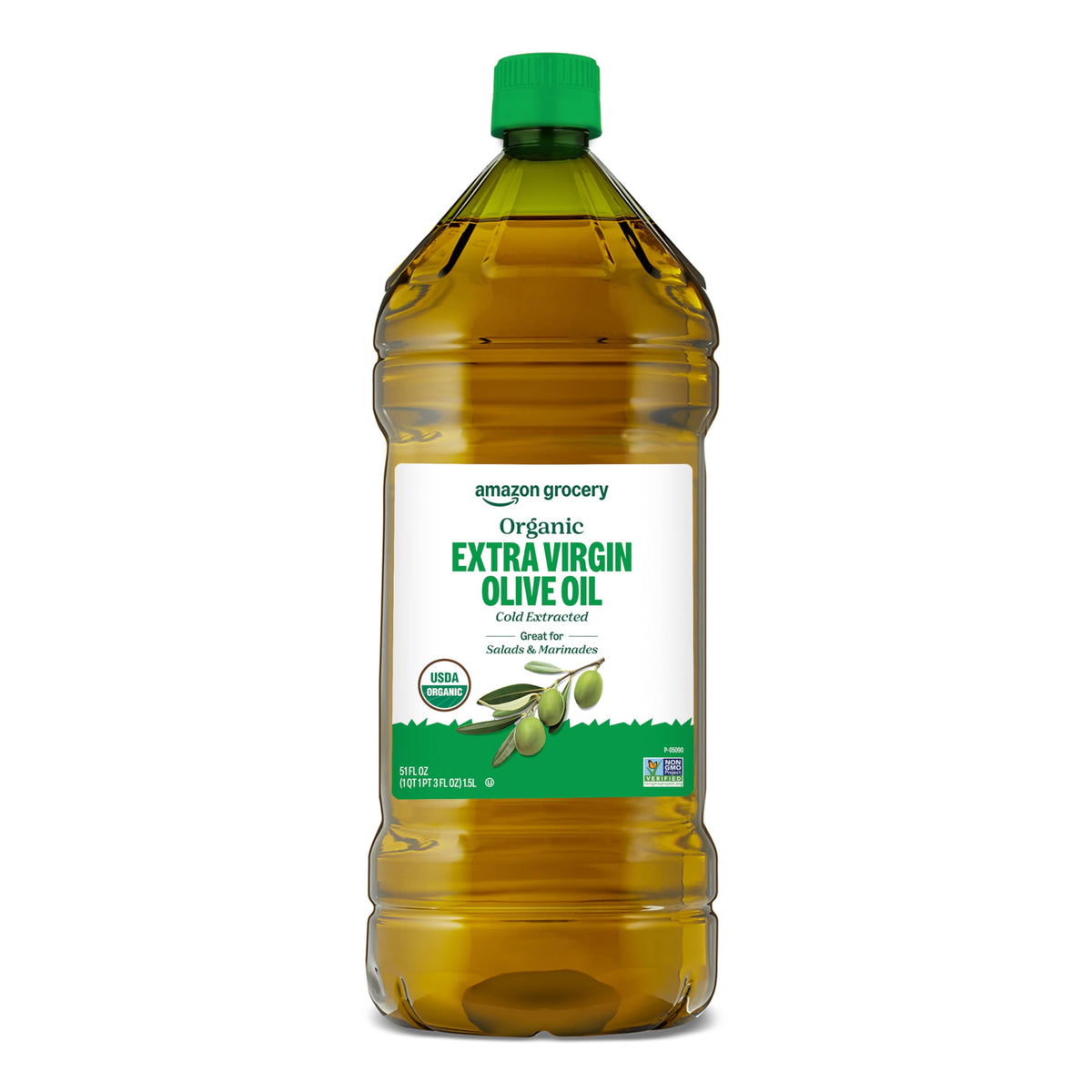 Amazon Grocery Organic Extra Virgin Olive Oil bottle—ideal for salads and light sautéing.