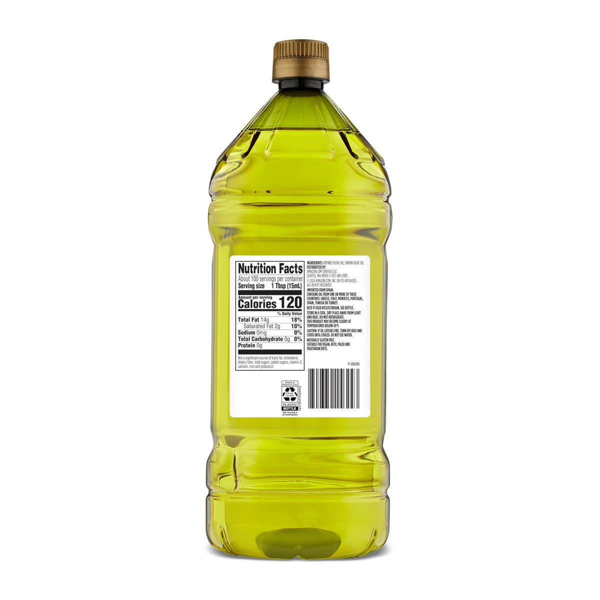 Amazon Grocery olive oil label close-up highlighting mild taste and non-GMO quality