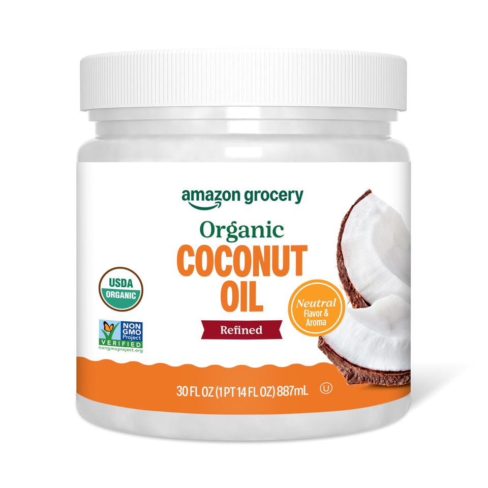 Amazon Grocery Organic Refined Coconut Oil 30oz bottle for versatile everyday cooking.