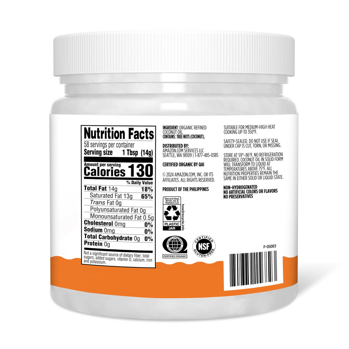 Amazon Grocery Organic Refined Coconut Oil 30oz pour-friendly bottle ideal for sautéing.