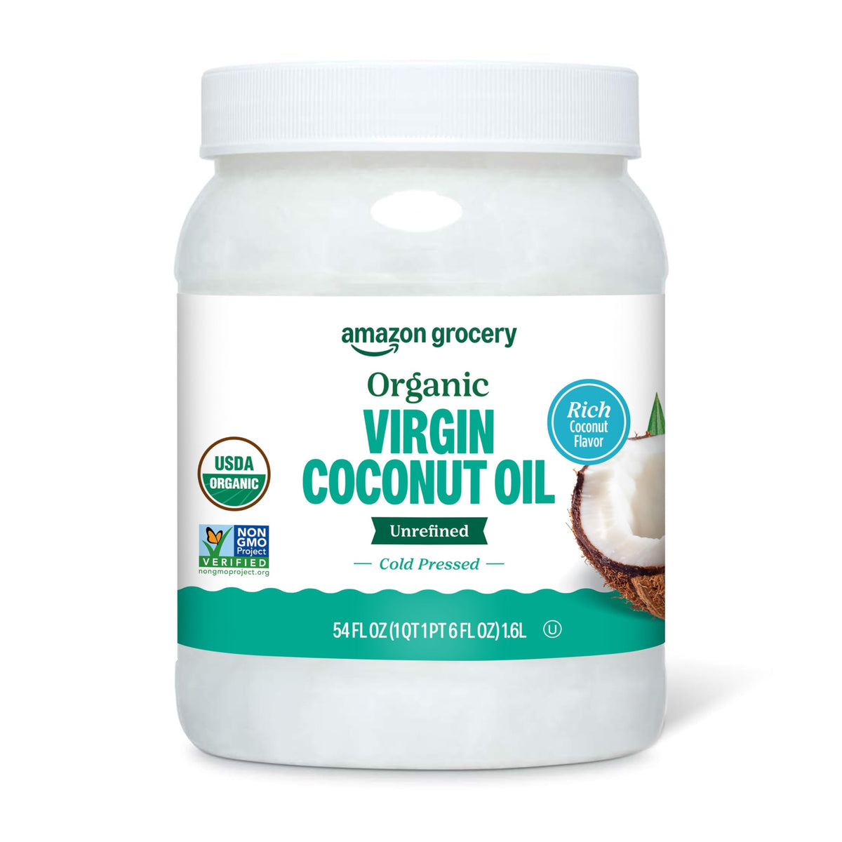 Amazon Grocery Organic Virgin Coconut Oil 54oz bottle for versatile cooking and baking.