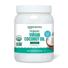 Amazon Grocery Organic Virgin Coconut Oil 54oz bottle for versatile cooking and baking.