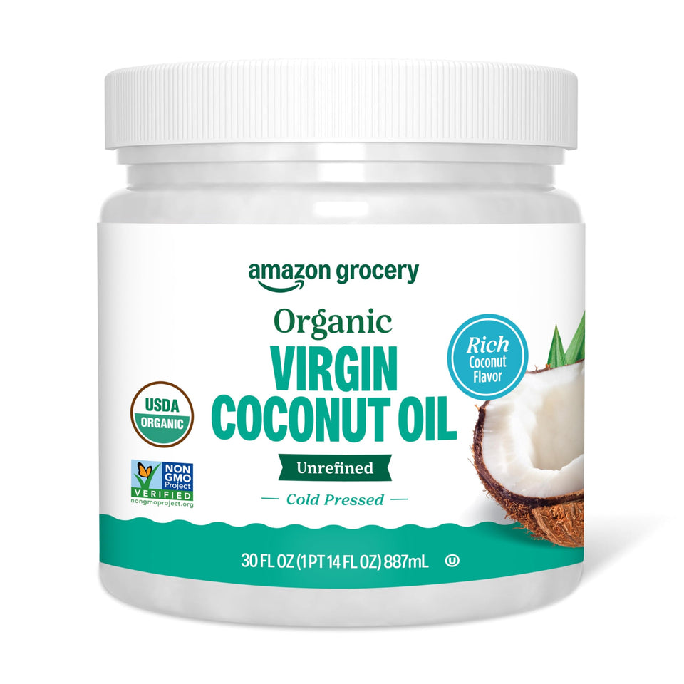 Amazon Grocery Organic Virgin Coconut Oil bottle, ideal for everyday cooking.