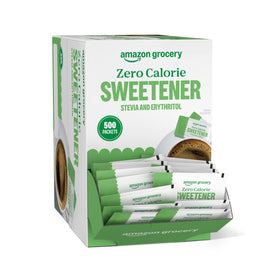 Amazon Grocery packets in coffee mug highlighting sugar-free taste.