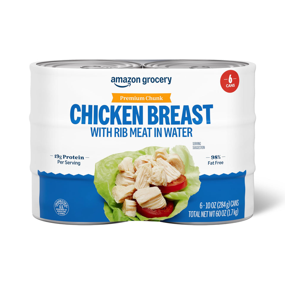 Amazon Grocery Premium Chunk Chicken Breast 10oz can front view for pantry-ready protein.