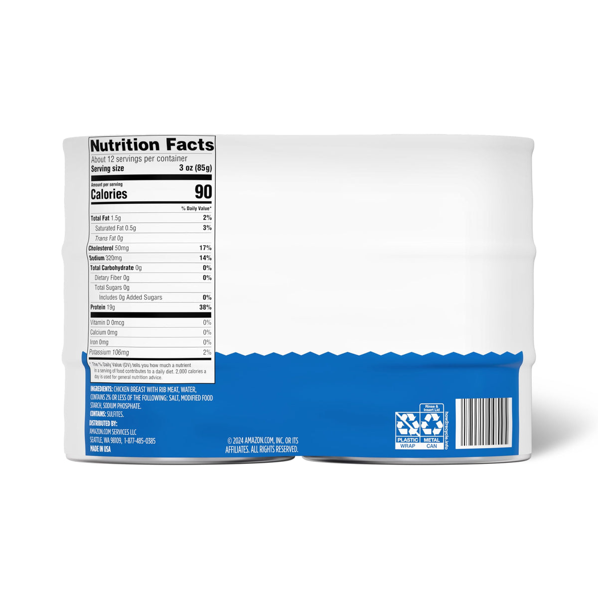 Amazon Grocery Premium Chunk Chicken Breast 10oz can label close-up highlighting protein-rich, versatile pantry staple.