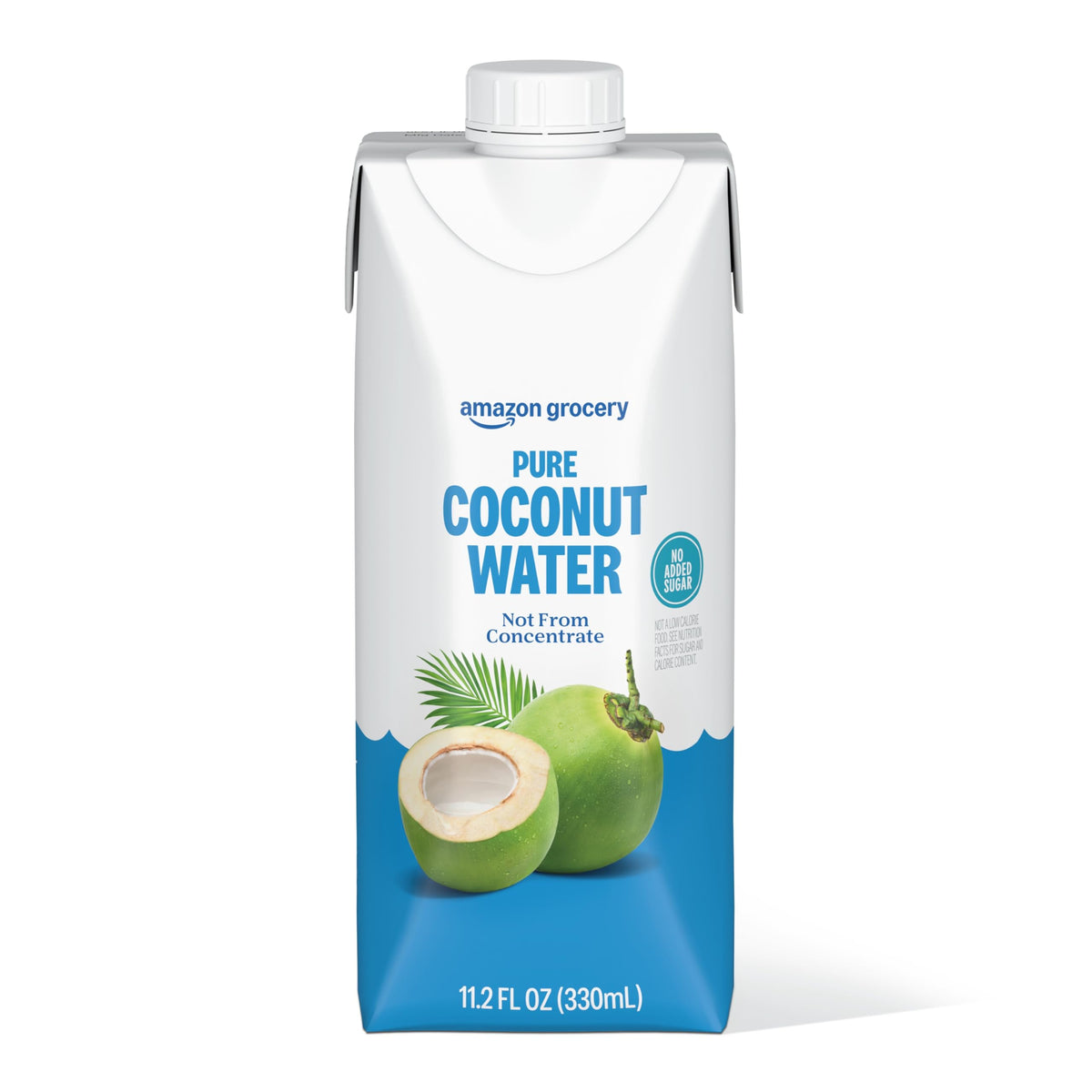 Pouring Amazon Grocery Pure Coconut Water bottle shows natural flavor