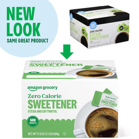 Amazon Grocery stevia-erythritol packets close-up showing individual serving sweetness.