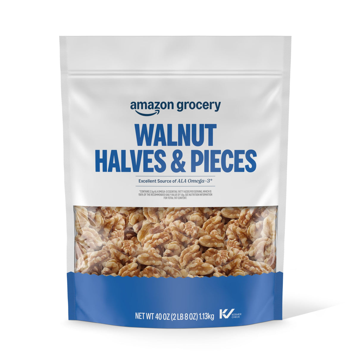 Amazon Grocery Walnut Halves & Pieces in a 40 oz bag, ready for snacking.