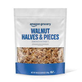 Amazon Grocery Walnut Halves & Pieces in a 40 oz bag, ready for snacking.