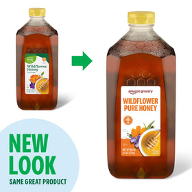 Amazon Grocery Wildflower Honey pour into a glass, ideal for tea