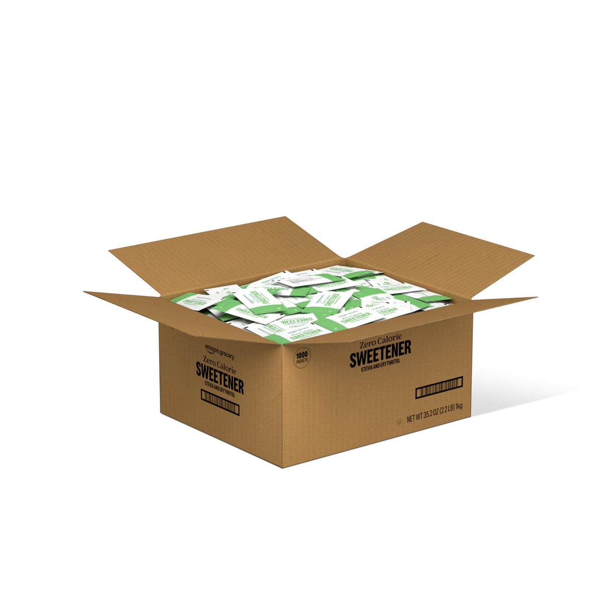 Amazon Grocery zero calorie sweetener packets in a box front view, ideal for coffee.