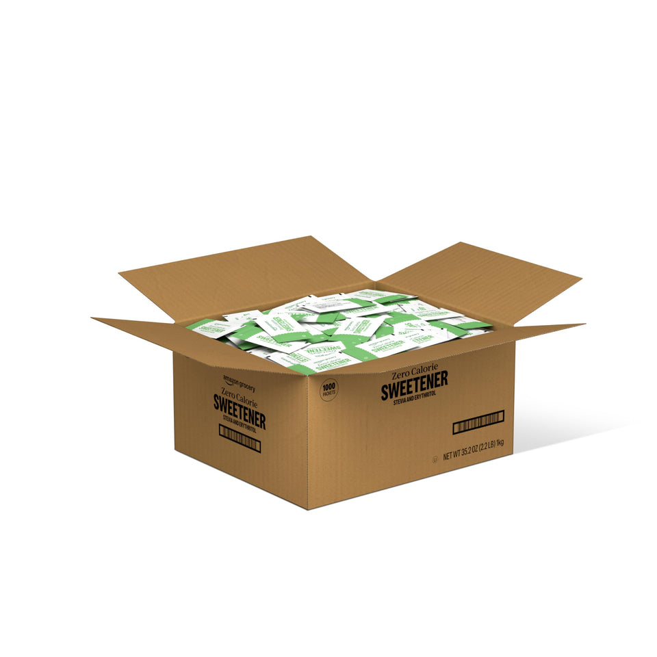 Amazon Grocery zero calorie sweetener packets in a box front view, ideal for coffee.