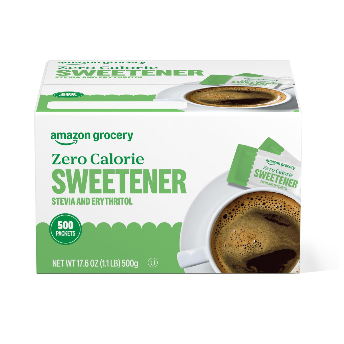 Amazon Grocery zero-calorie stevia-erythritol packets box front for convenient daily sweetening.