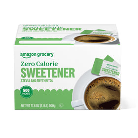 Amazon Grocery zero-calorie stevia-erythritol packets box front for convenient daily sweetening.