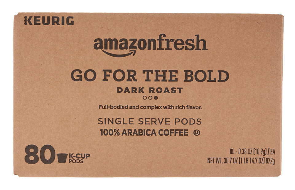 AmazonFresh bold dark roast cups front label showing 80-count packaging