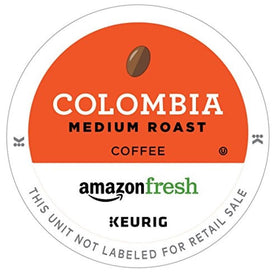 AmazonFresh Colombia medium roast K-Cups for Keurig brewing, balanced flavor and citrus aroma.