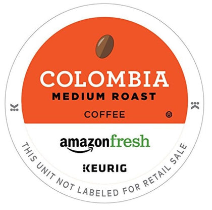 AmazonFresh Colombia medium roast K-Cups for Keurig brewing, balanced flavor and citrus aroma.