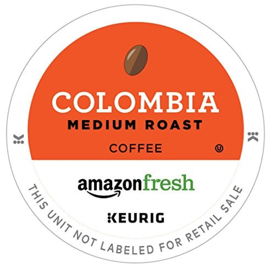 AmazonFresh Colombia medium roast K-Cups for Keurig brewing, balanced flavor and citrus aroma.