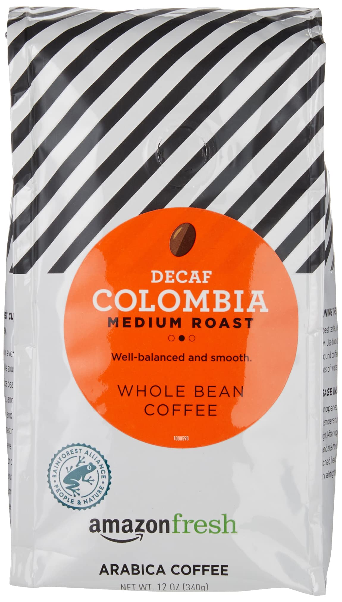 Amazon Fresh Decaf Colombia whole beans in a three-pack, ideal for at-home brewing.