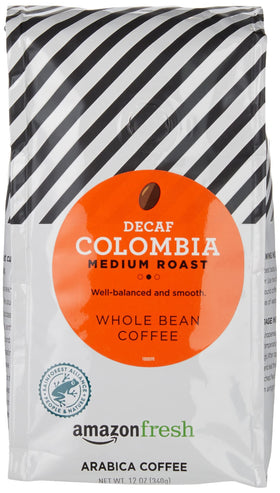 Amazon Fresh Decaf Colombia whole beans in a three-pack, ideal for at-home brewing.