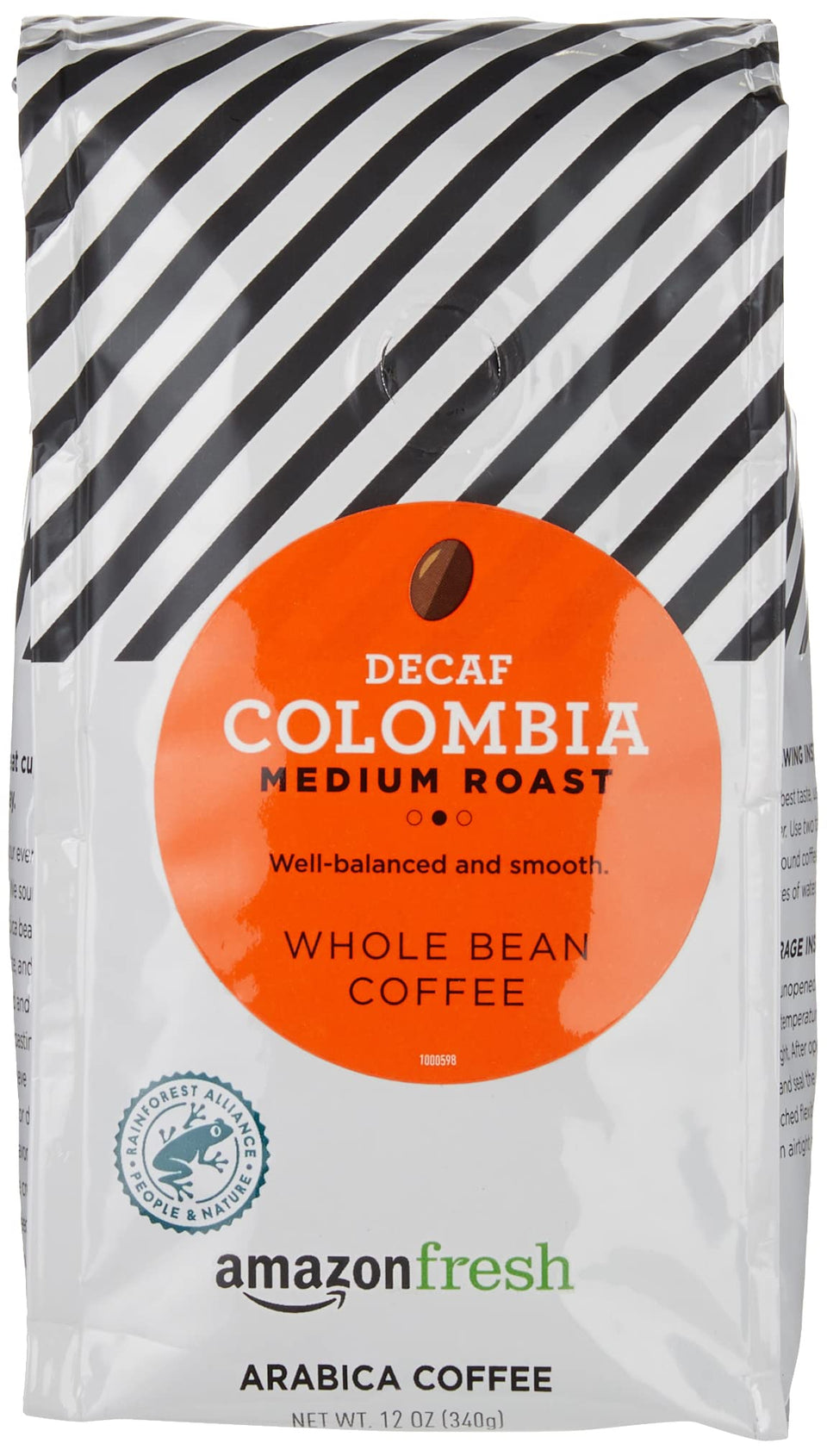 Amazon Fresh Decaf Colombia whole beans in a three-pack, ideal for at-home brewing.