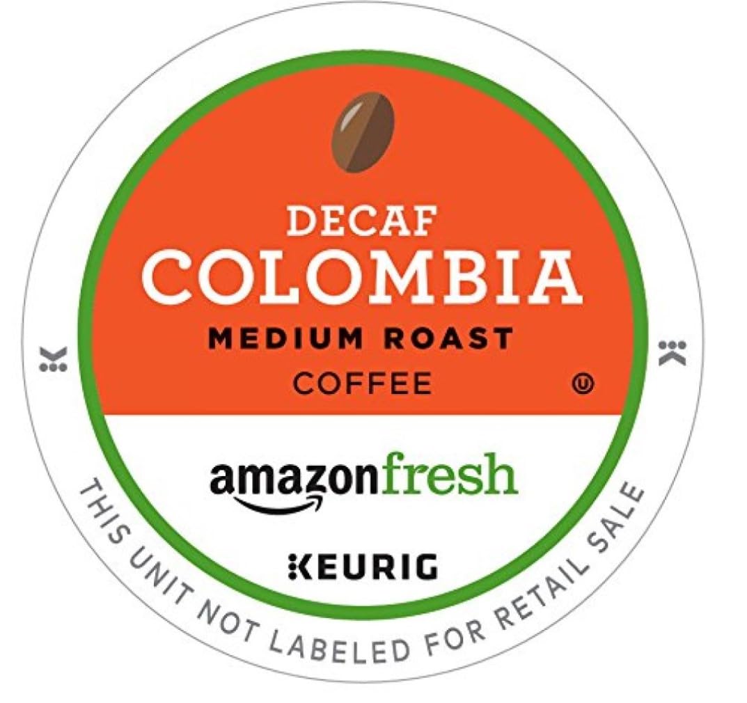 AmazonFresh Decaf Colombia packaging front showcasing Keurig compatibility