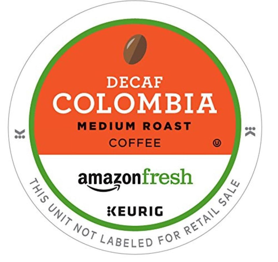 AmazonFresh Decaf Colombia packaging front showcasing Keurig compatibility