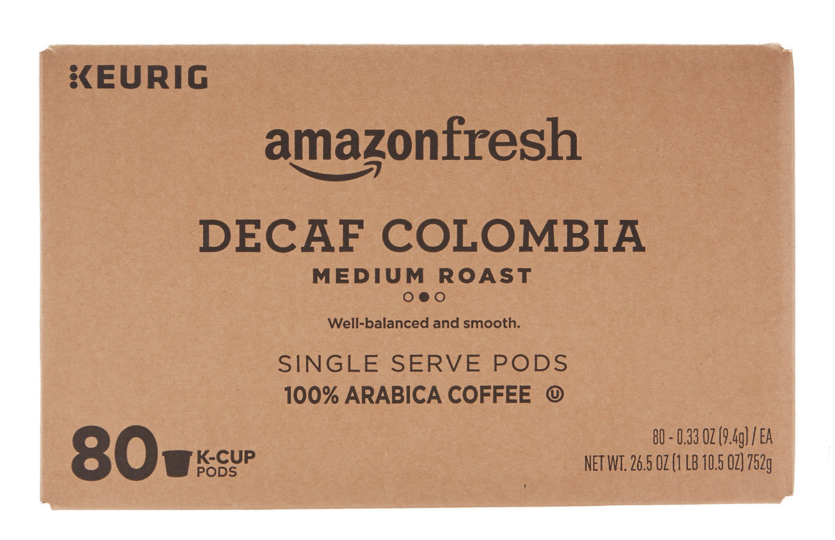 Close-up of AmazonFresh Decaf Colombia pods with 80-count box
