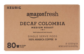 Close-up of AmazonFresh Decaf Colombia pods with 80-count box