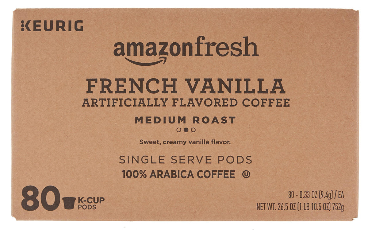 Amazon Fresh French Vanilla K-Cups 80-count pod display for quick mornings.