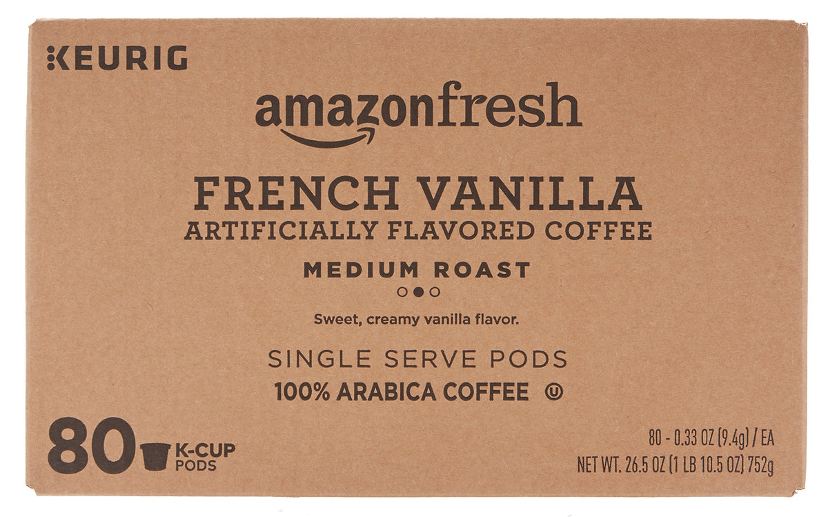 Close-up of Amazon Fresh French Vanilla K-Cups with rich vanilla aroma.