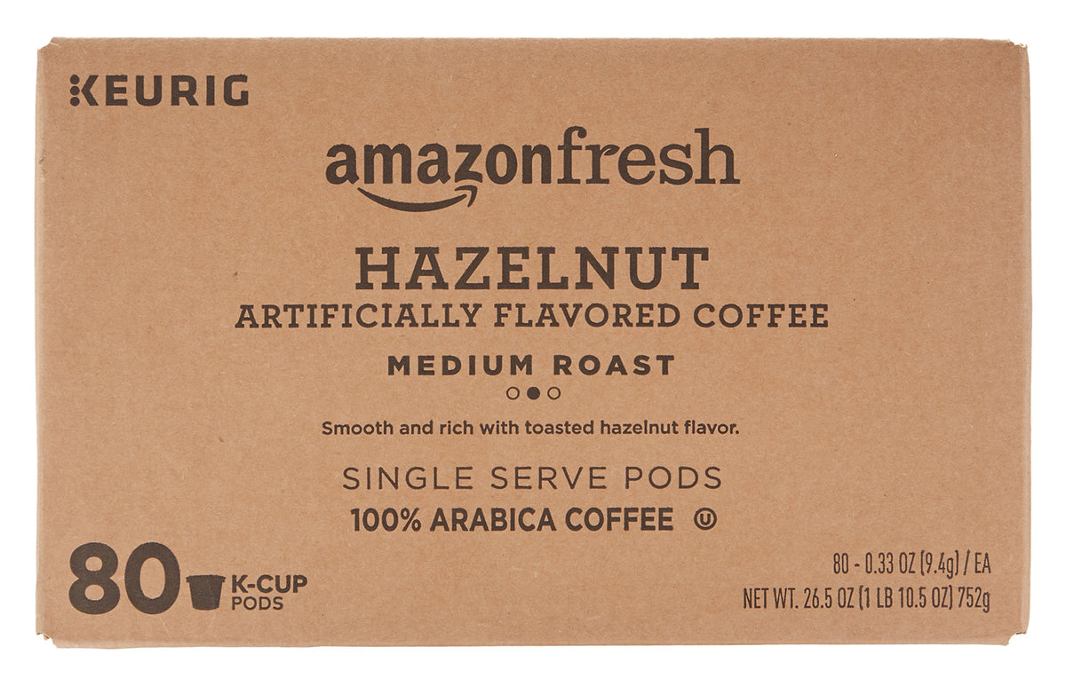 Amazon Fresh Hazelnut K-Cups close-up highlighting pods and rich aroma for a comforting cup