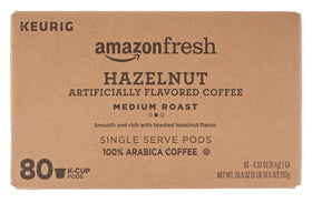 Amazon Fresh Hazelnut K-Cups close-up highlighting pods and rich aroma for a comforting cup