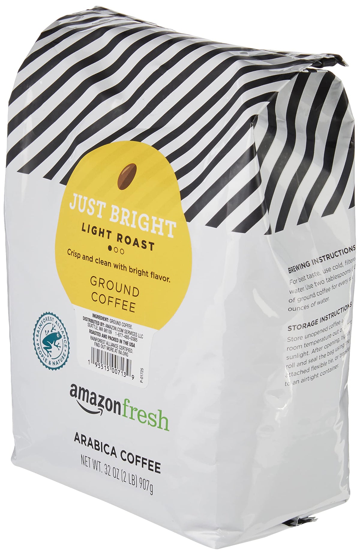 Amazon Fresh Just Bright coffee bag front highlights premium Arabica notes for a smooth morning