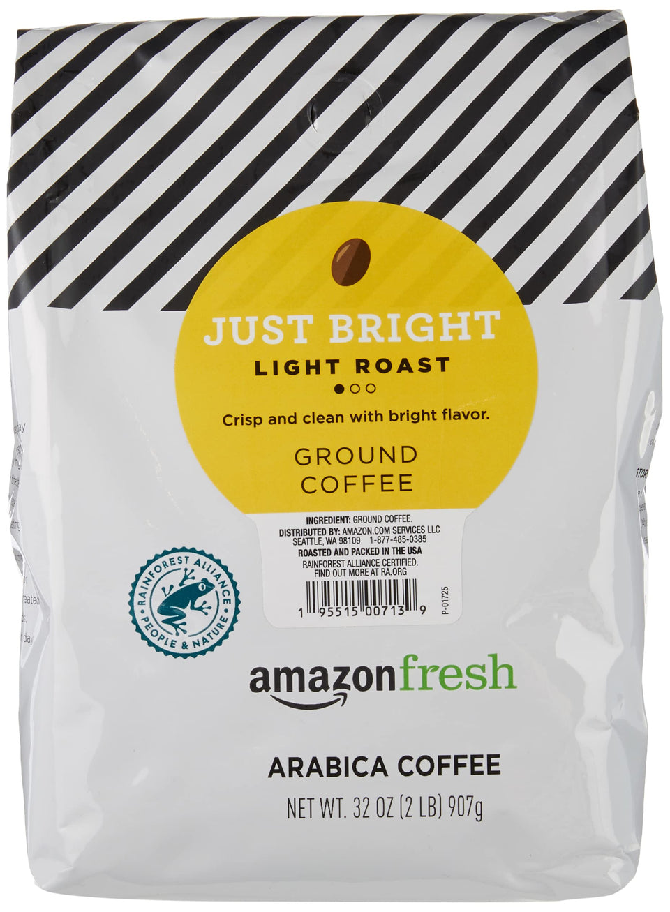Amazon Fresh Just Bright ground coffee 32oz bag with crisp aroma for mornings
